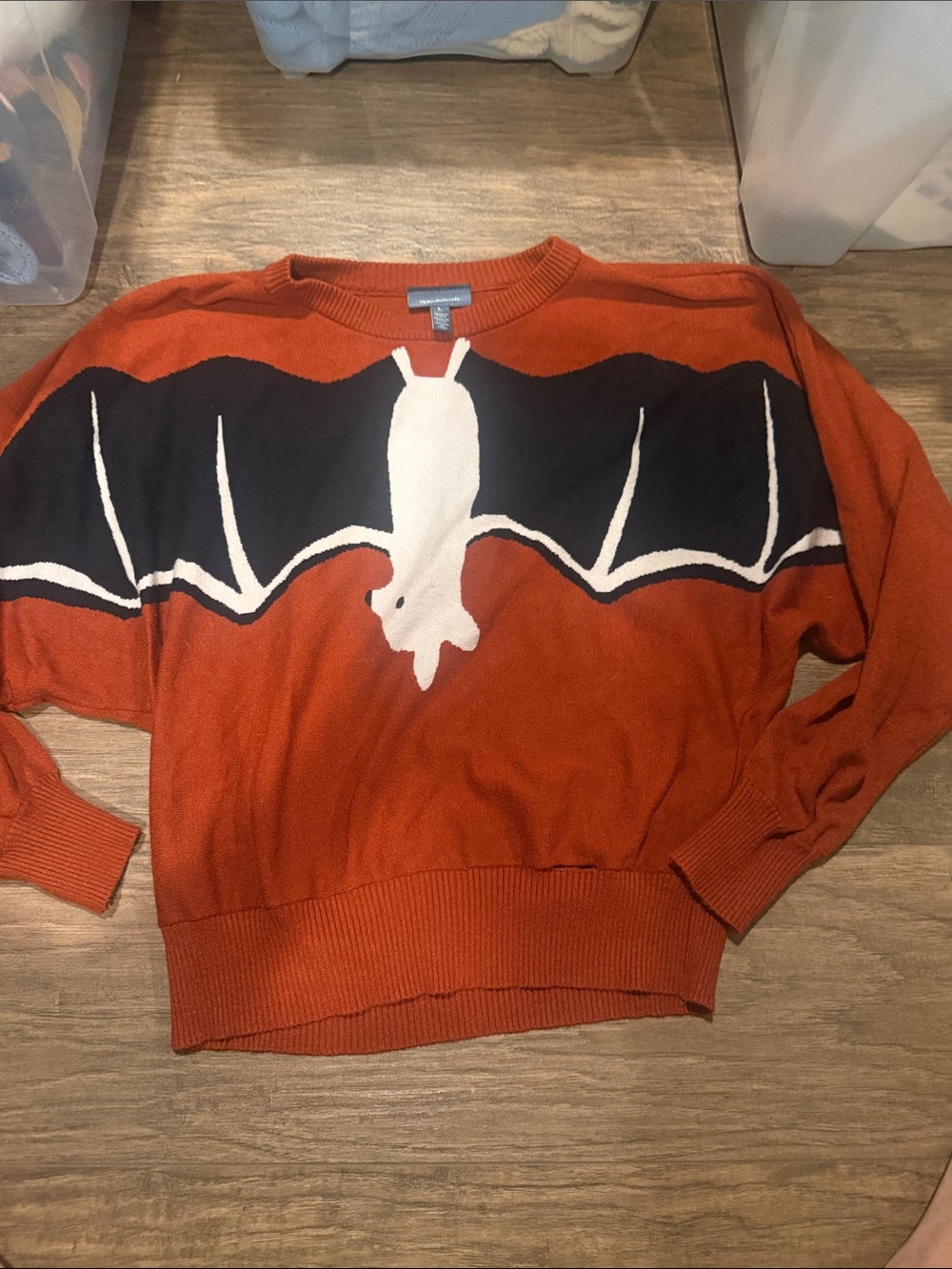 Vintage Modcloth Rust Orange Bat-Graphic Sweater- Tear on the seam